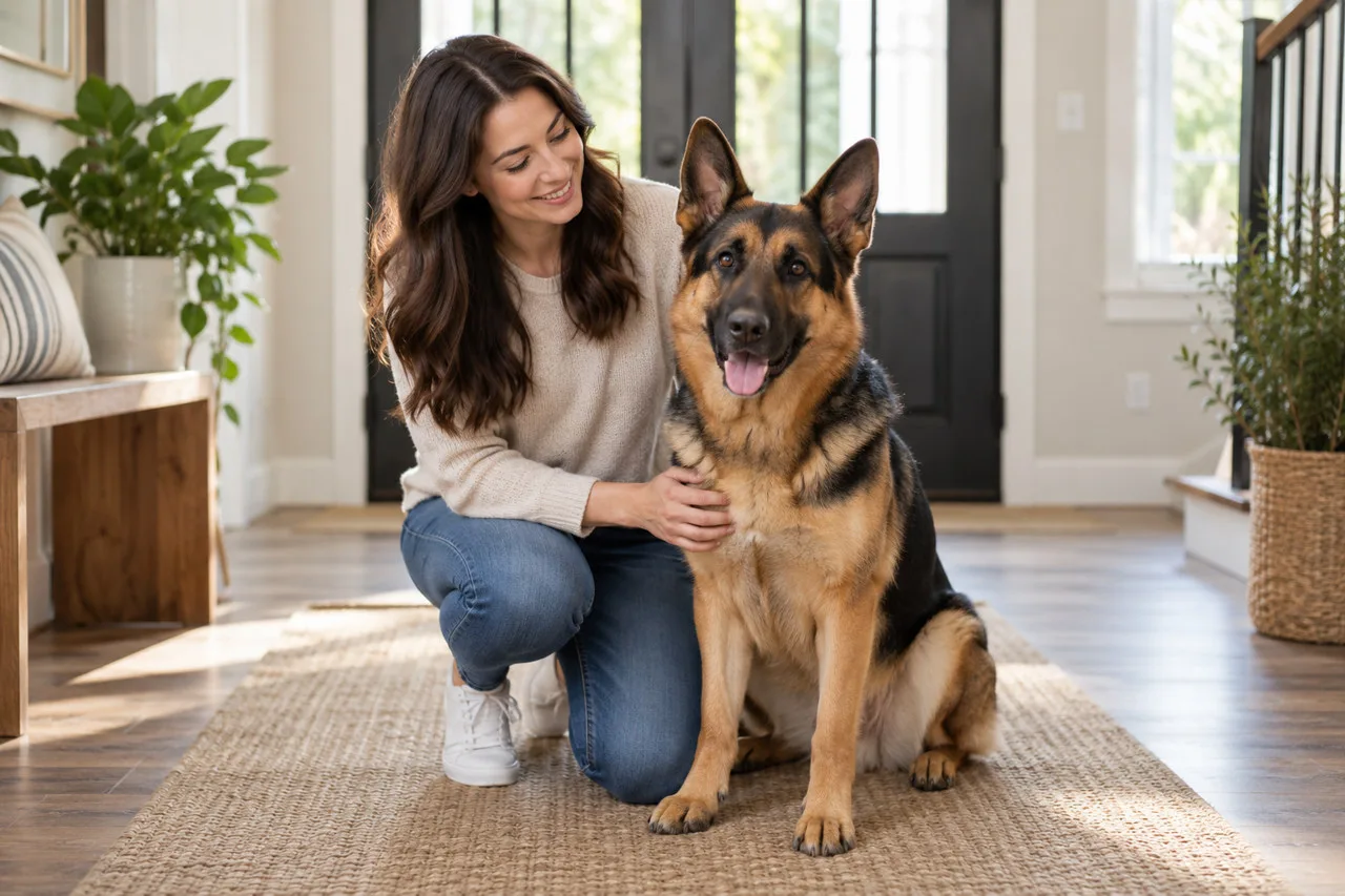 Owner sitting beside a German shepherd in an illustrative home