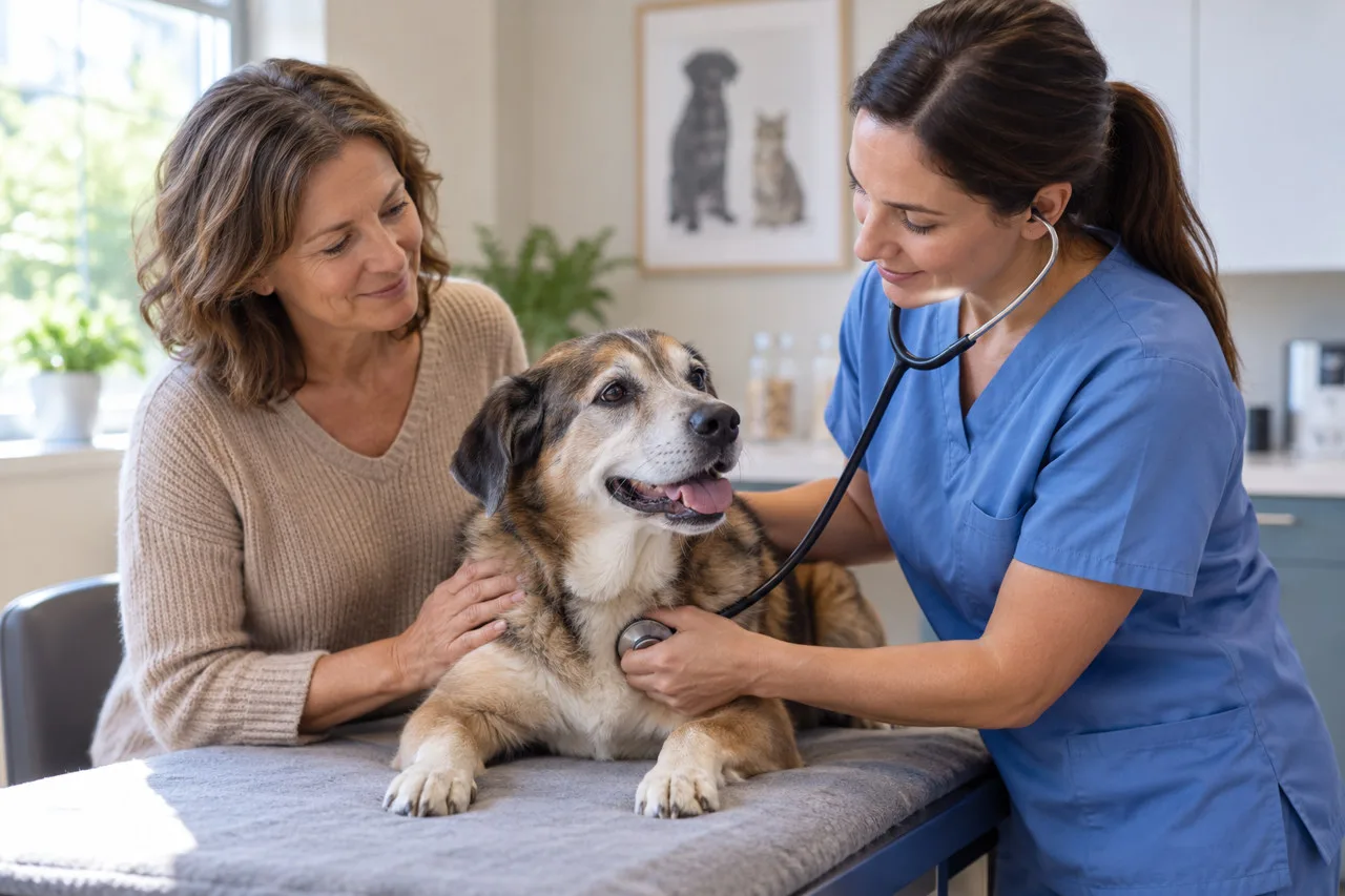 Veterinarian speaking with an owner beside a small dog